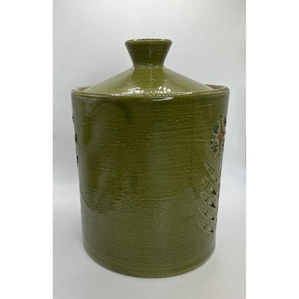 Italian Pottery Cookie Jar with Embossed Flowers by Bitossi, Green 1950s Ceramic - Picture 5 of 15